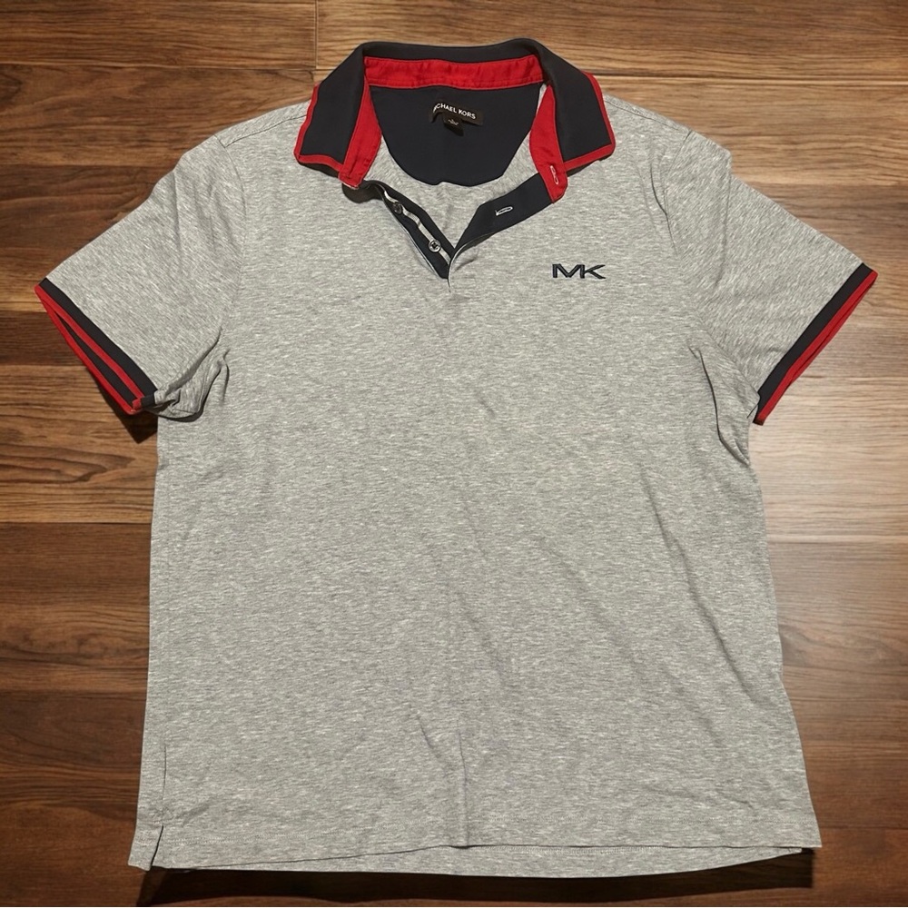 Michael Kors Polo Shirt Mens Large Gray Grey Contrasting Trim Blue Red MK Logo